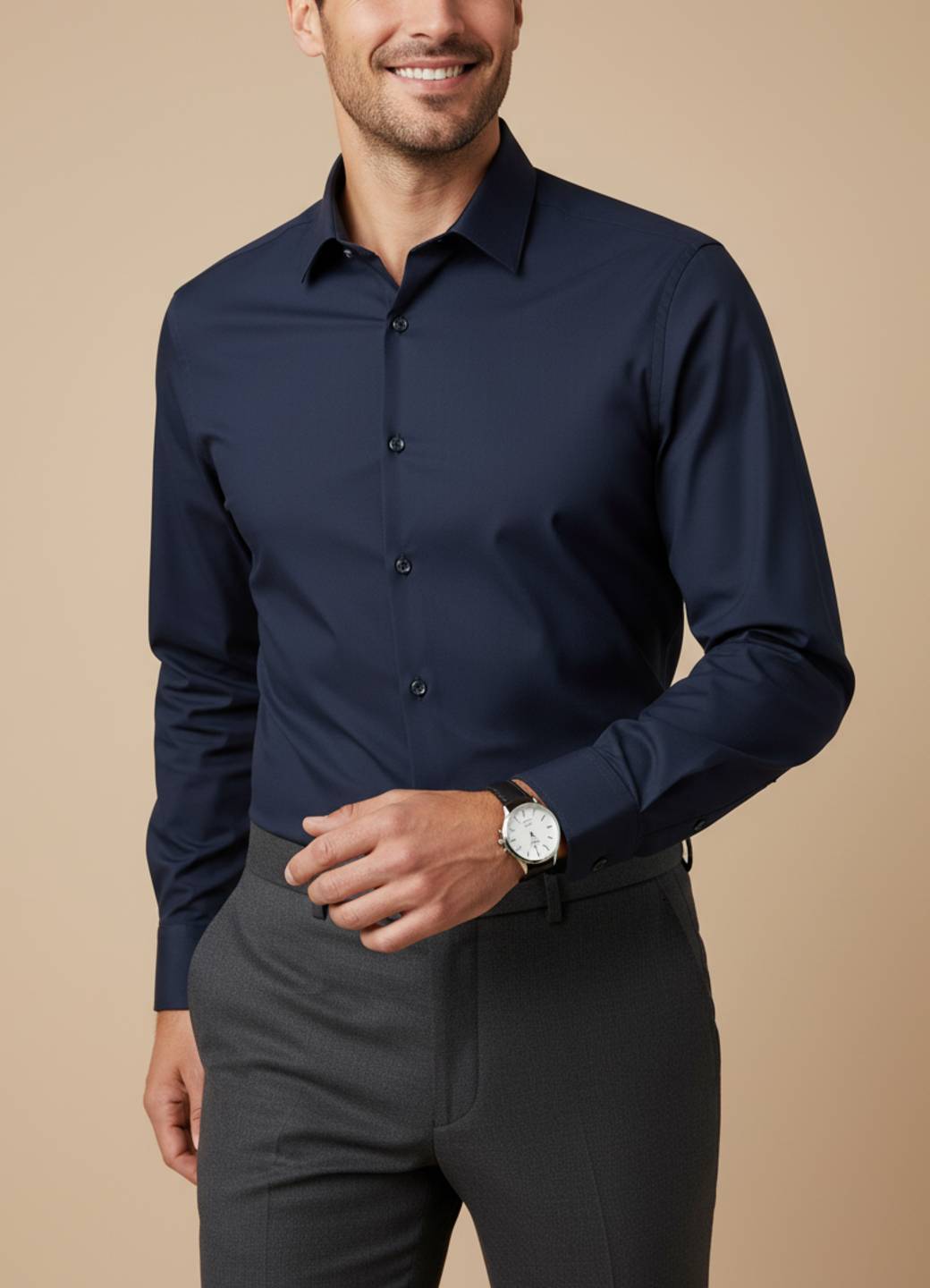 Navy Blue Satin Solid Print Band Collar Men's Shirt
