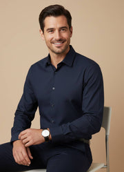 Navy Blue Solid Satin Band Collar Men's Shirt
