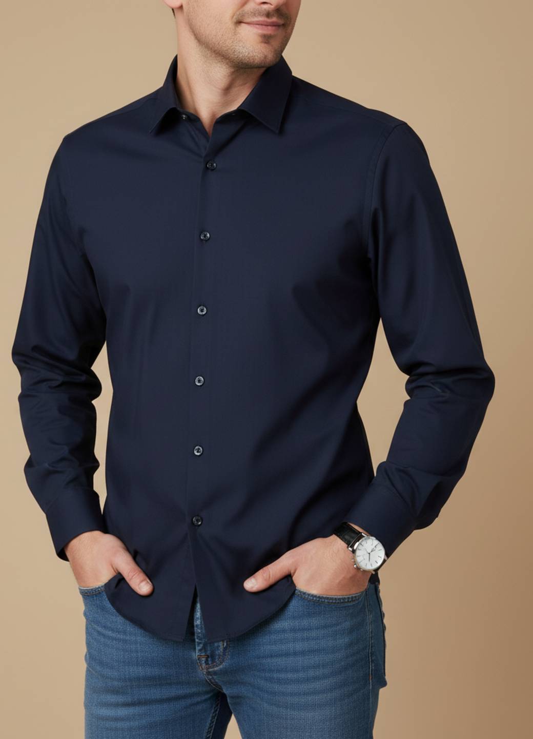 Navy Blue Satin Solid Print Band Collar Men's Shirt
