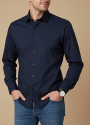 Navy Blue Solid Satin Band Collar Men's Shirt