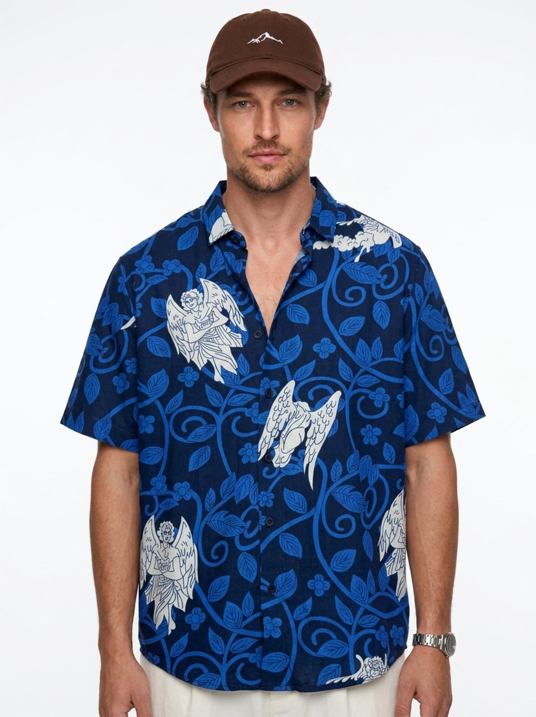 Blue Abstract Print Band Collar Cotton Men's Shirt