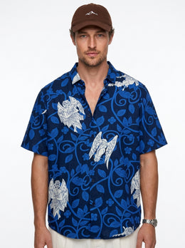 Blue Abstract Print Band Collar Cotton Men's Shirt