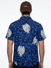 Blue Abstract Print Band Collar Cotton Men's Shirt