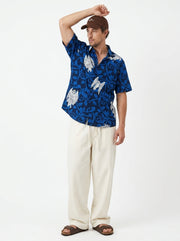 Blue Abstract Print Band Collar Cotton Men's Shirt