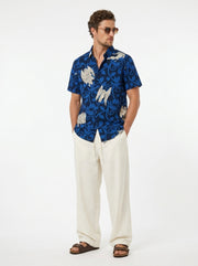 Blue Abstract Print Band Collar Cotton Men's Shirt