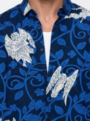 Blue Abstract Print Band Collar Cotton Men's Shirt