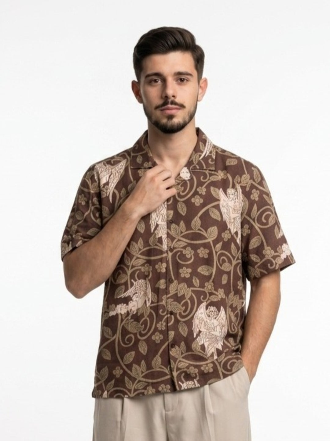 Olive Cuban Collar Abstract Print Cotton Men's Shirt