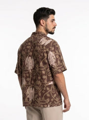 Olive Cuban Collar Abstract Print Cotton Men's Shirt