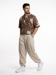 Olive Cuban Collar Abstract Print Cotton Men's Shirt