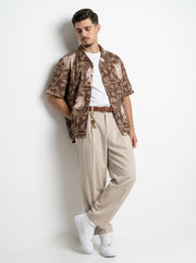 Olive Cuban Collar Abstract Print Cotton Men's Shirt