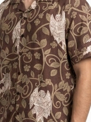 Olive Cuban Collar Abstract Print Cotton Men's Shirt