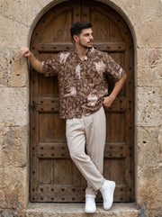 Olive Cuban Collar Abstract Print Cotton Men's Shirt