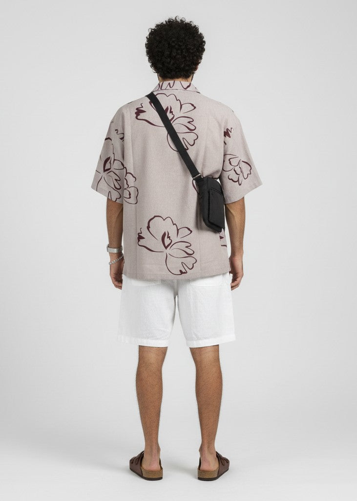 Mauve Floral Print Cuban Collar Regular Fit Pure Cotton Men's Shirt
