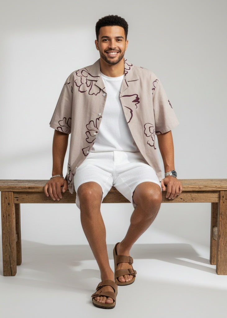 Mauve Floral Print Cuban Collar Regular Fit Pure Cotton Men's Shirt