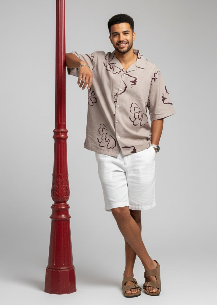 Mauve Floral Print Cuban Collar Regular Fit Pure Cotton Men's Shirt