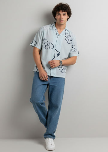 Blue Floral Cuban Collar Regular Fit Pure Cotton Men's Shirt