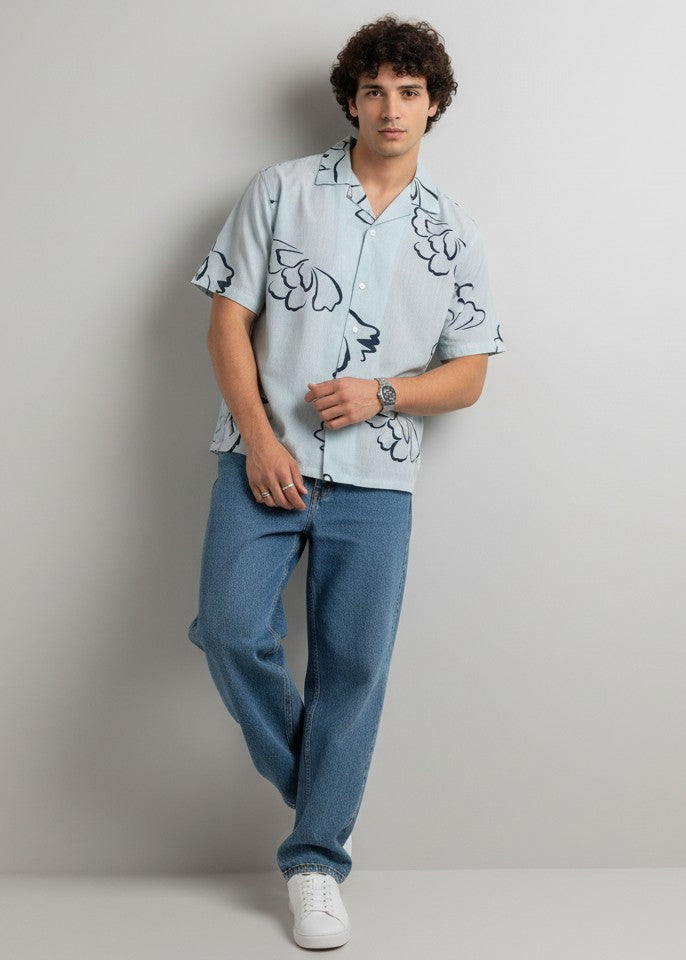 Blue Floral Cuban Collar Regular Fit Pure Cotton Men's Shirt