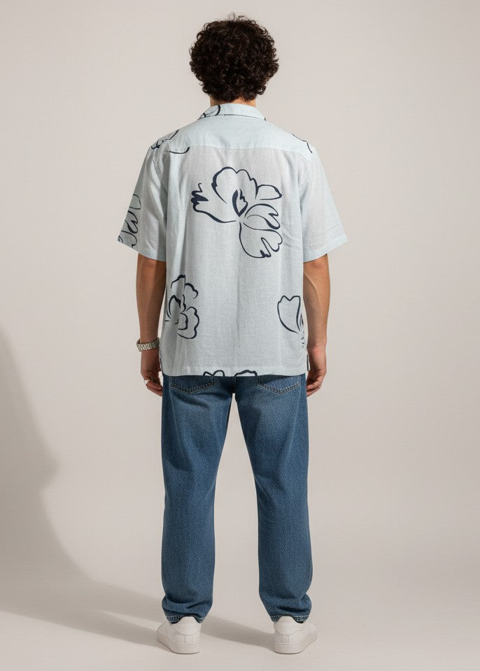 Blue Floral Cuban Collar Regular Fit Pure Cotton Men's Shirt