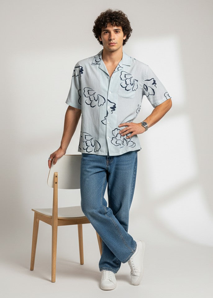 Blue Floral Cuban Collar Regular Fit Pure Cotton Men's Shirt