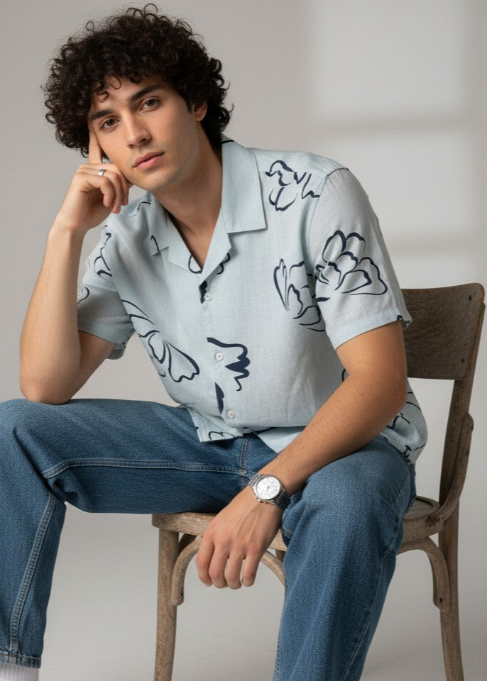 Blue Floral Cuban Collar Regular Fit Pure Cotton Men's Shirt
