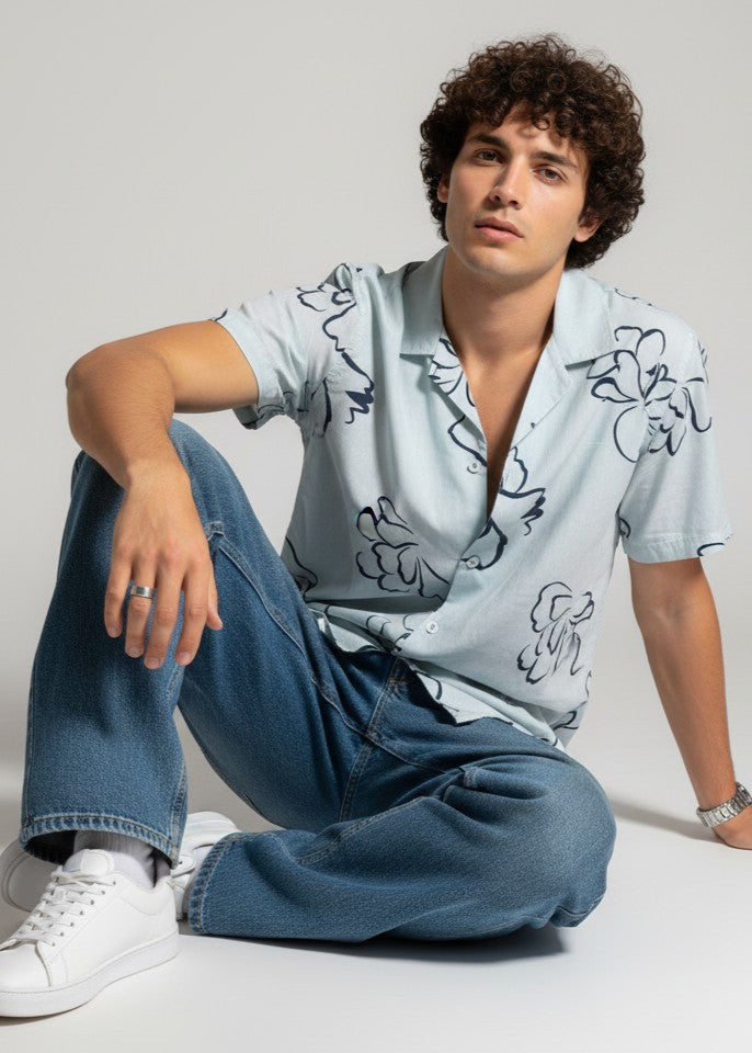 Blue Floral Cuban Collar Regular Fit Pure Cotton Men's Shirt