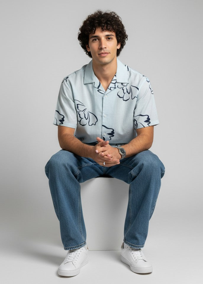 Blue Floral Cuban Collar Regular Fit Pure Cotton Men's Shirt