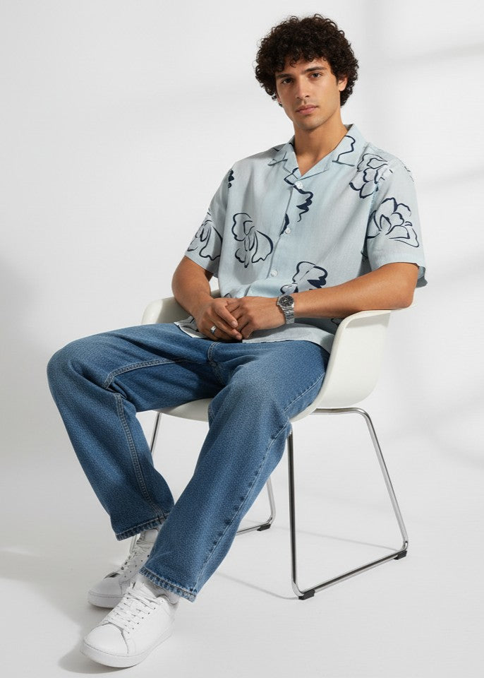 Blue Floral Cuban Collar Regular Fit Pure Cotton Men's Shirt