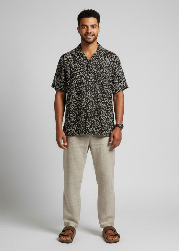 Black Abstract Print Regular Fit Pure Cotton Men's Shirt