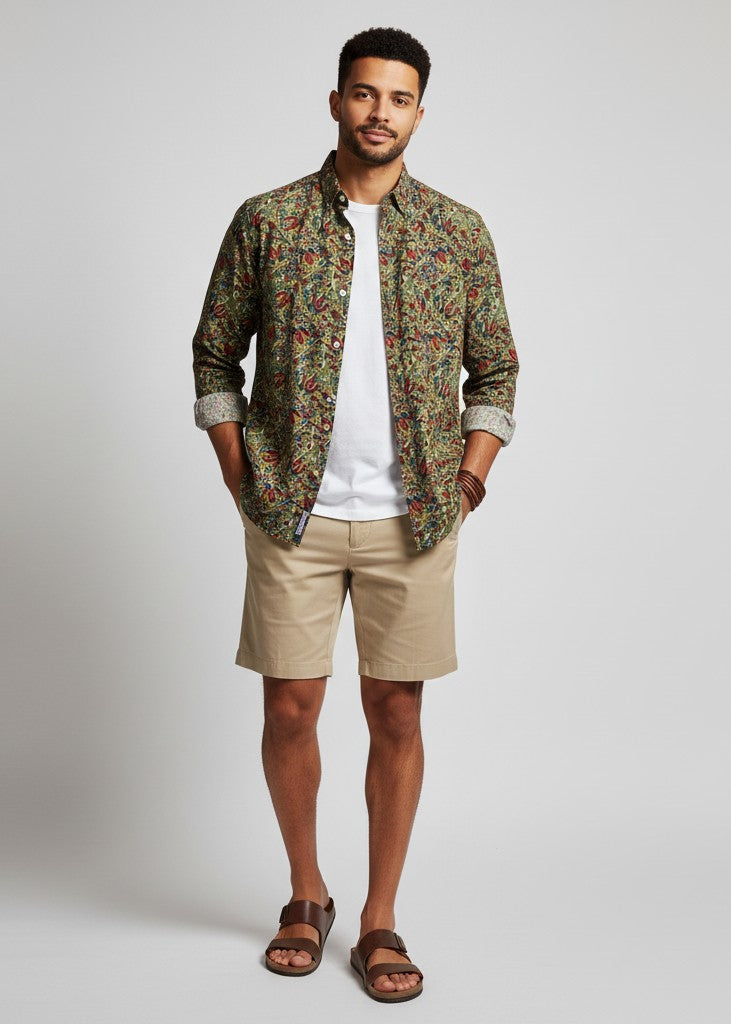 Green Spread Collar Floral Print Pure Cotton Men's Shirt