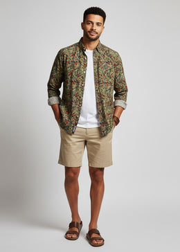 Green Spread Collar Floral Print Pure Cotton Men's Shirt