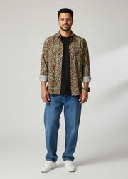 Green Spread Collar Floral Print Pure Cotton Men's Shirt