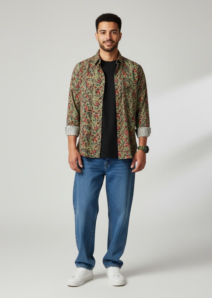 Green Floral Spread Collar Regular Fit Pure Cotton Men's Shirt
