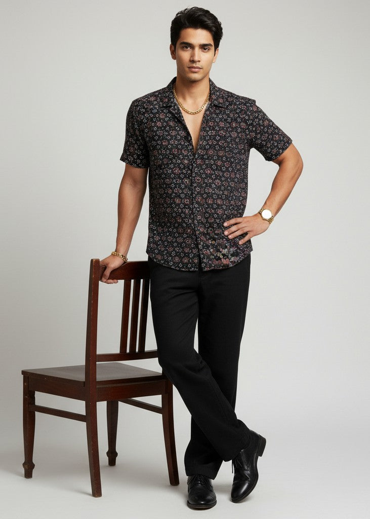 Black Geometric Spread Collar Pure Cotton Men's Shirt