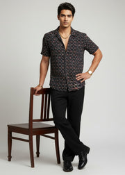 Black Geometric Spread Collar Pure Cotton Men's Shirt