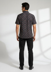 Black Geometric Spread Collar Pure Cotton Men's Shirt