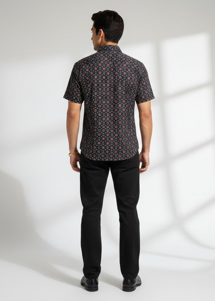 Black Geometric Spread Collar Pure Cotton Men's Shirt