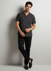 Black Geometric Spread Collar Pure Cotton Men's Shirt