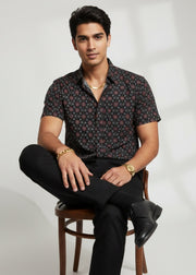 Black Geometric Spread Collar Pure Cotton Men's Shirt