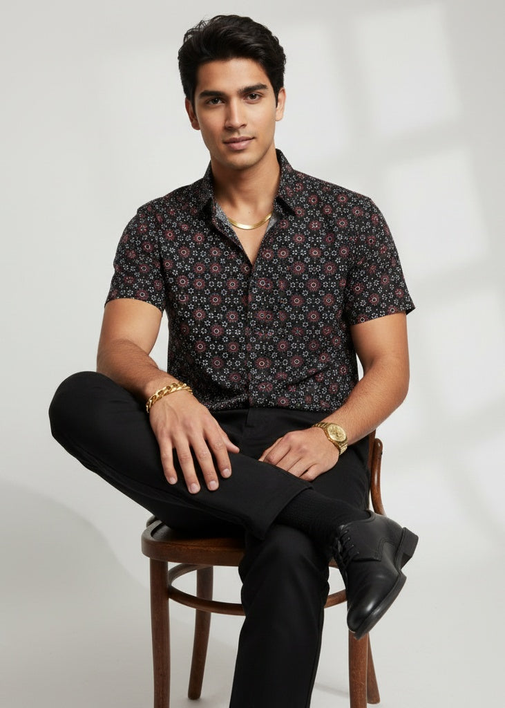 Black Geometric Spread Collar Pure Cotton Men's Shirt