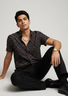 Black Geometric Spread Collar Pure Cotton Men's Shirt
