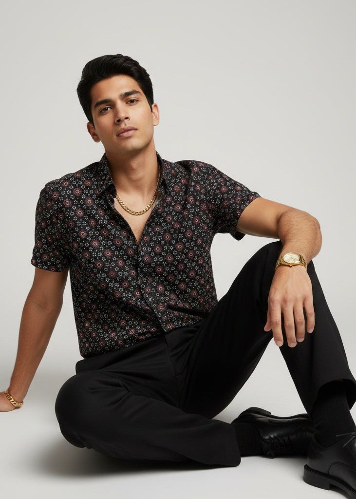 Black Geometric Spread Collar Pure Cotton Men's Shirt