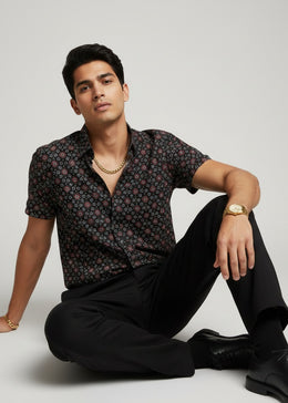 Black Geometric Spread Collar Pure Cotton Men's Shirt