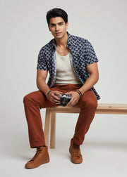 Blue Ethnic Motifs Print Spread Collar Pure Cotton Men's Shirt
