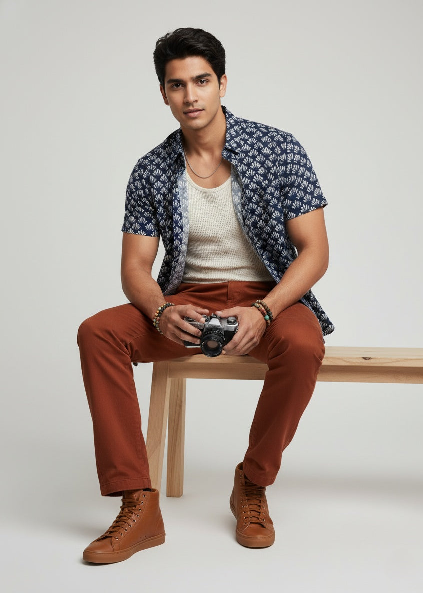 Blue Spread Collar Ethnic Motifs Regular Fit Pure Cotton Men' Shirt