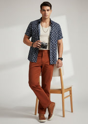 Blue Ethnic Motifs Print Spread Collar Pure Cotton Men's Shirt