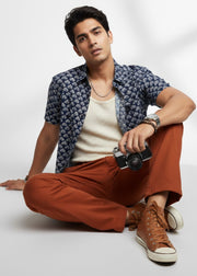Blue Ethnic Motifs Print Spread Collar Pure Cotton Men's Shirt