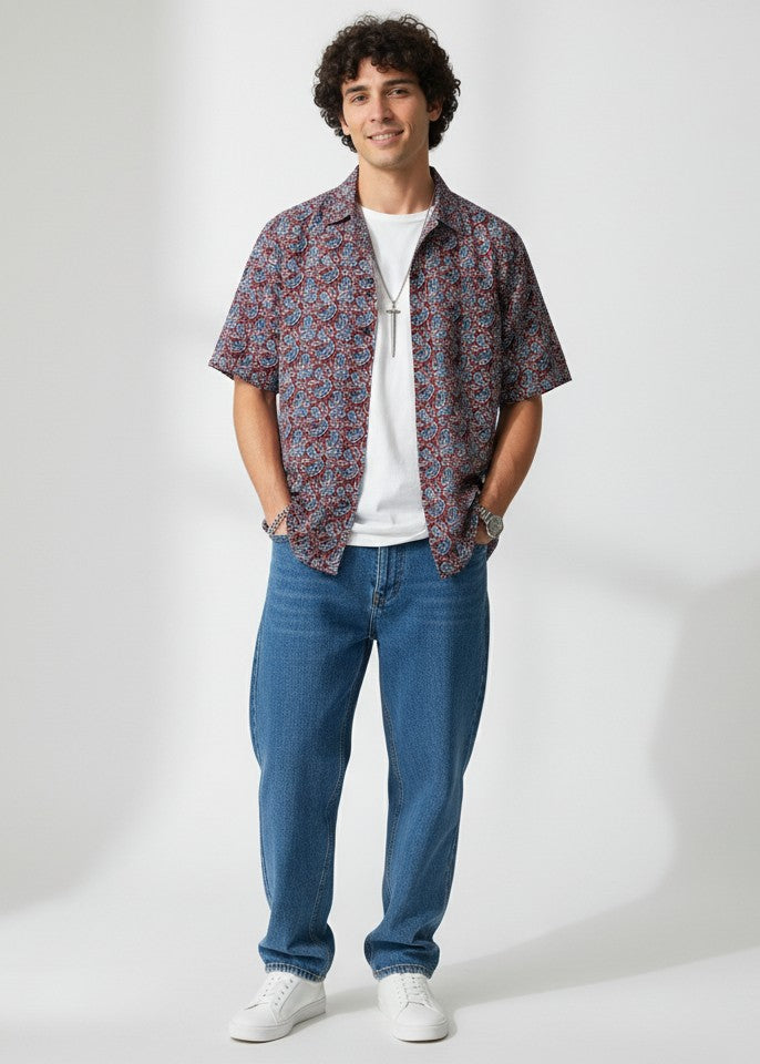 Maroon Spread Collar Ethnic Motifs Pure Cotton Men's Shirt