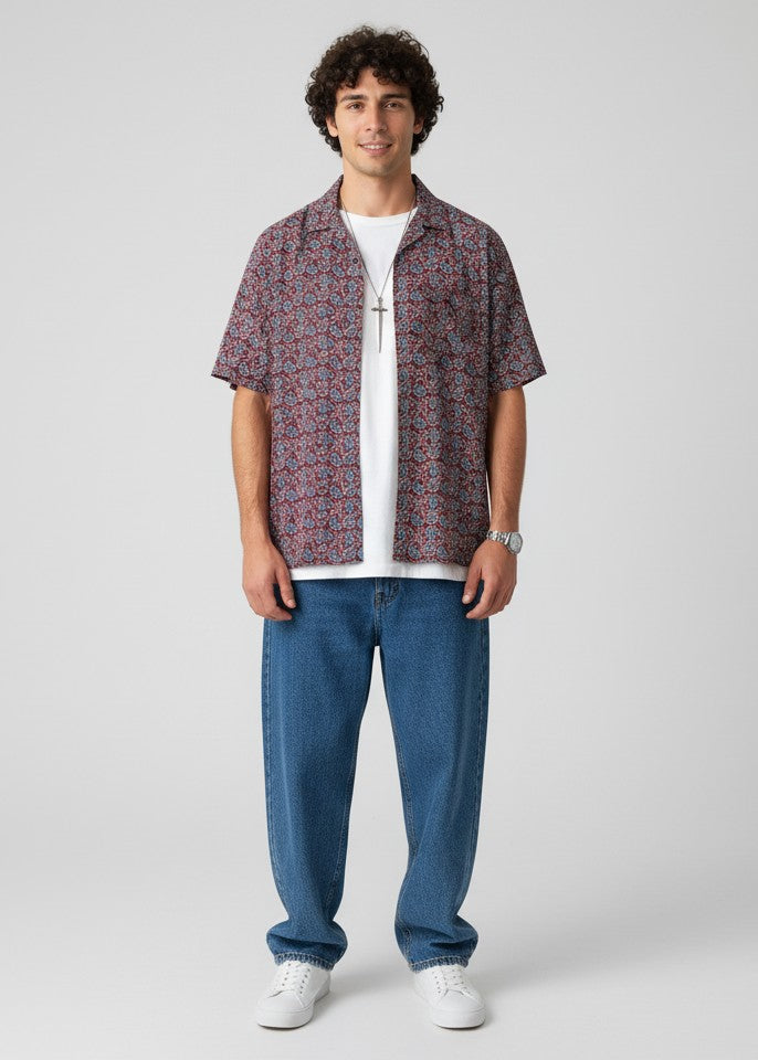 Maroon Spread Collar Ethnic Motifs Pure Cotton Men's Shirt