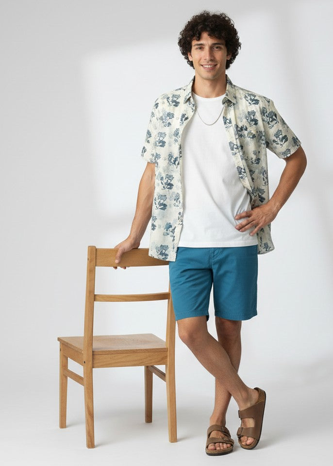 White Floral Print Band Collar Pure Cotton Men's Shirt