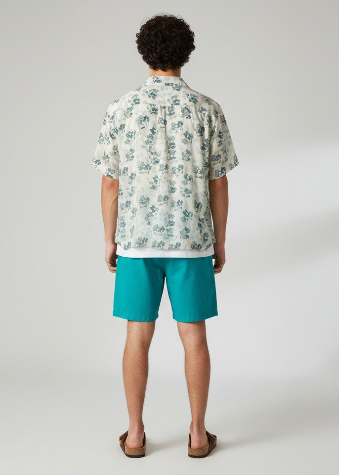 White Floral Print Band Collar Pure Cotton Men's Shirt